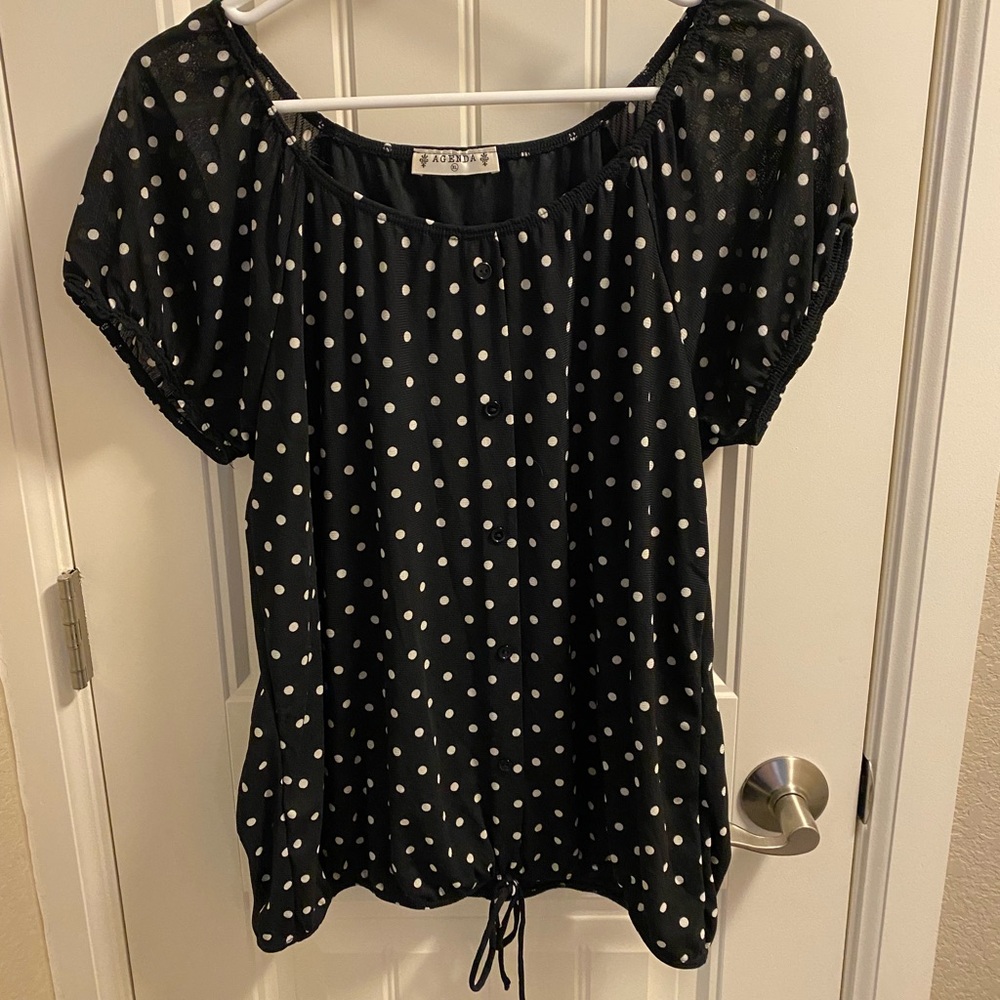 Agenda XL Top Stretch Black Blouse White Polka Dots Tie Waist Shirt
